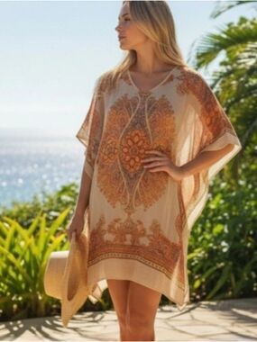 Love Chesley Boho Sheer Kaftan Dress Ornate Paisley Size S